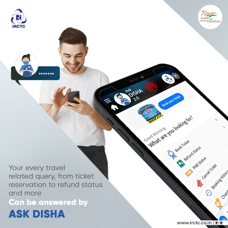IRCTCofficial's tweet photo. For instant replies to your #travel related queries, get #customer support by IRCTC’s #AskDisha. The quickest service that can assist you with all travel problems. For details, visit https://t.co/e14vje7ANB #Seat #bookings #travel #status
@AmritMahotsav