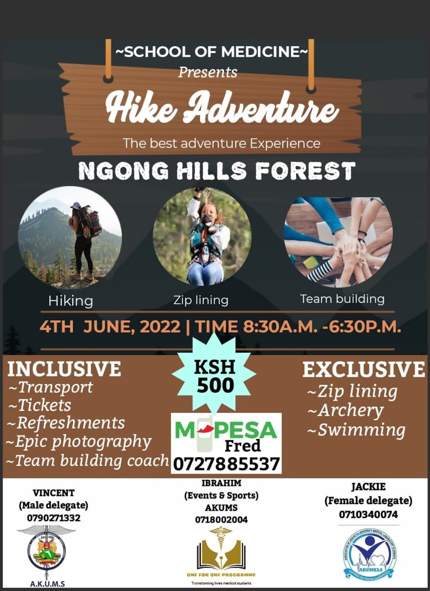 Name a better way to start a new month!
This Saturday, 4th June we go on an adventure. The itinerary is packed with fun activities, open to all members  and friends of AKUMS.
Do not miss a chance to get hiked.

<a href="/medsam_msu/">MEDSAM</a> <a href="/msaku2019/">Medical Students Association Of Kisii University🩺</a> <a href="/Kumrec_KU/">KUMREC-K.U MEDICAL RESEARCH CLUB</a> <a href="/amsunuonbi/">AMSUN</a> <a href="/EUMEDSA/">EUMEDSA</a> <a href="/uzimauni/">Uzima University</a>