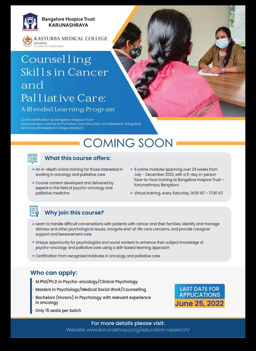 Karunashraya's tweet photo. Join our 6- month certificate course that aims to up-skill counsellors/psychologists &amp; social workers in managing patients with cancer &amp; their families. 
Check the flyer for more details. #training #medical #counselling #bangalore https://t.co/dszLeZJZL0