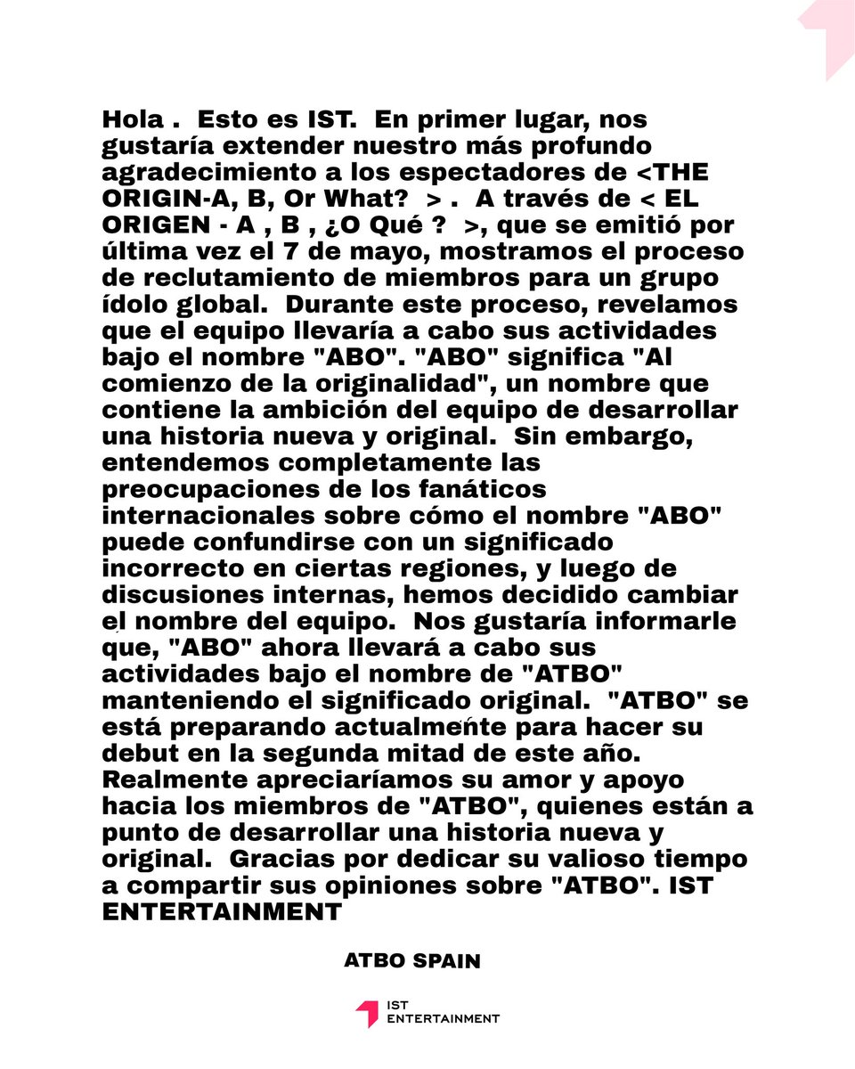 ╭📝ˊˎ- 220503

╰➤❗IMPORTANTE ❗

Hola. Este es IST Entertaiment

Este es un anuncio sobre el cambio de nombre del equipo para el grupo debut.

 #ATBO #THEORIGIN_ABOrWhat #theoriginaborwhat_final