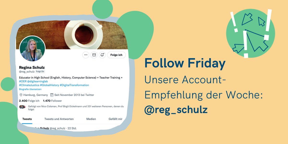 werkstatt_bpb's tweet image. Schon wieder #FollowFriday!🎉
Heute möchten wir Ihnen den Account von Regina Schulz alias @reg_schulz vorstellen. Sie ist im vollem Einsatz tätig für die digitale Bildung: als Geschichts-, Englisch und Informatiklehrerin, in der Lehrkräftefortbildung und beim @digilearninglab.