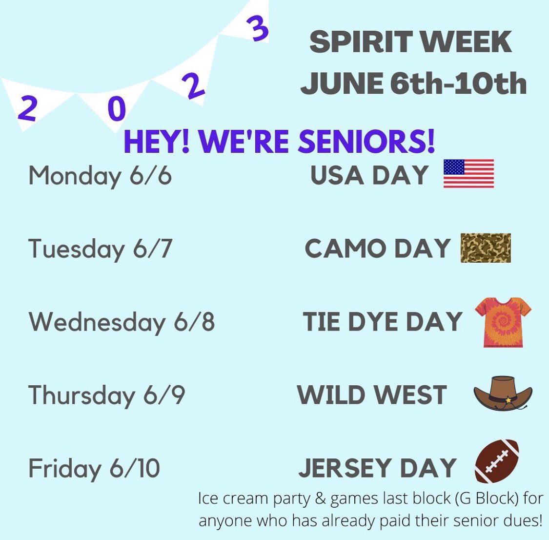 JUNIORS:  We’ve got a big week coming up!!!! Get your clothes ready and get decked out!!!! ‘Merica Monday #juniorsRULE!