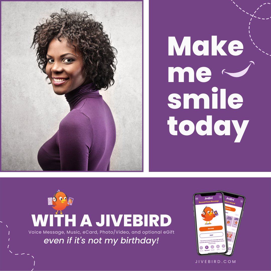 JiveBirdApp's tweet photo. Guaranteed to make all friends, family, co-workers, and acquaintances smile! Send a JiveBird today and get your first two FREE 💜🧡 #giftideas https://t.co/cb433QqxO0