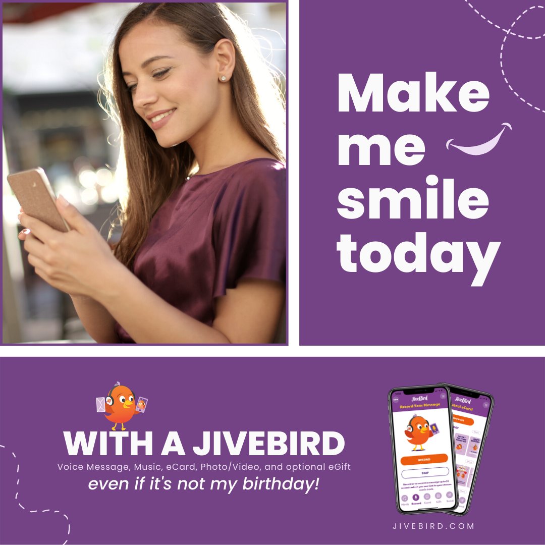JiveBirdApp's tweet photo. It’s the all-in-one digital greeting card and gift that everyone is guaranteed to love! 😍 Spread some joy and laughter this summer with JiveBird: Your Voice Message, Music, eCard, Photo/Video, and optional eGift platform.  

Celebrate from the comfort of your couch today! 💜🧡 https://t.co/jORdHy9RPH