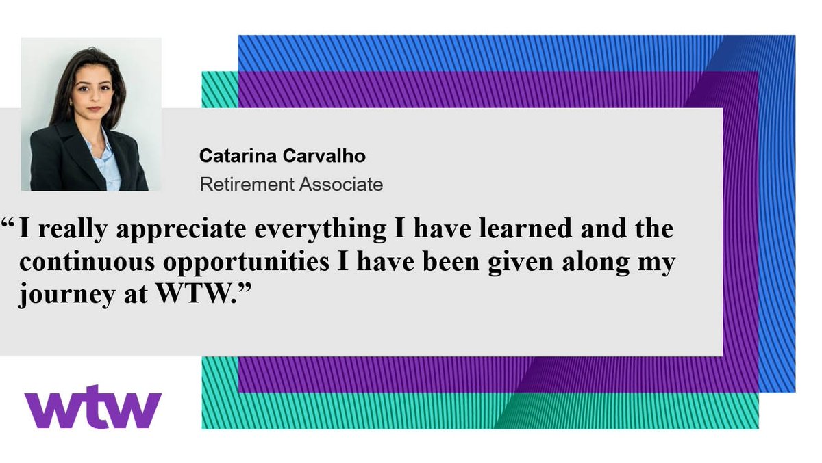 wherewomenwork's tweet photo. #Retirement #Associate Catarina Carvalho says @WTWcorporate provides many #opportunities &amp; #challenges 💪🏾 Catarina encourages #millennials to be part of WTW's #diverse &amp; #multicultural environment 👉🏾 https://t.co/RSzKBT3OrH #WTWlife #BeYouAtWTW #OneWTW #PrimeEmployerforWomen #wtw https://t.co/cTHd41XHp4