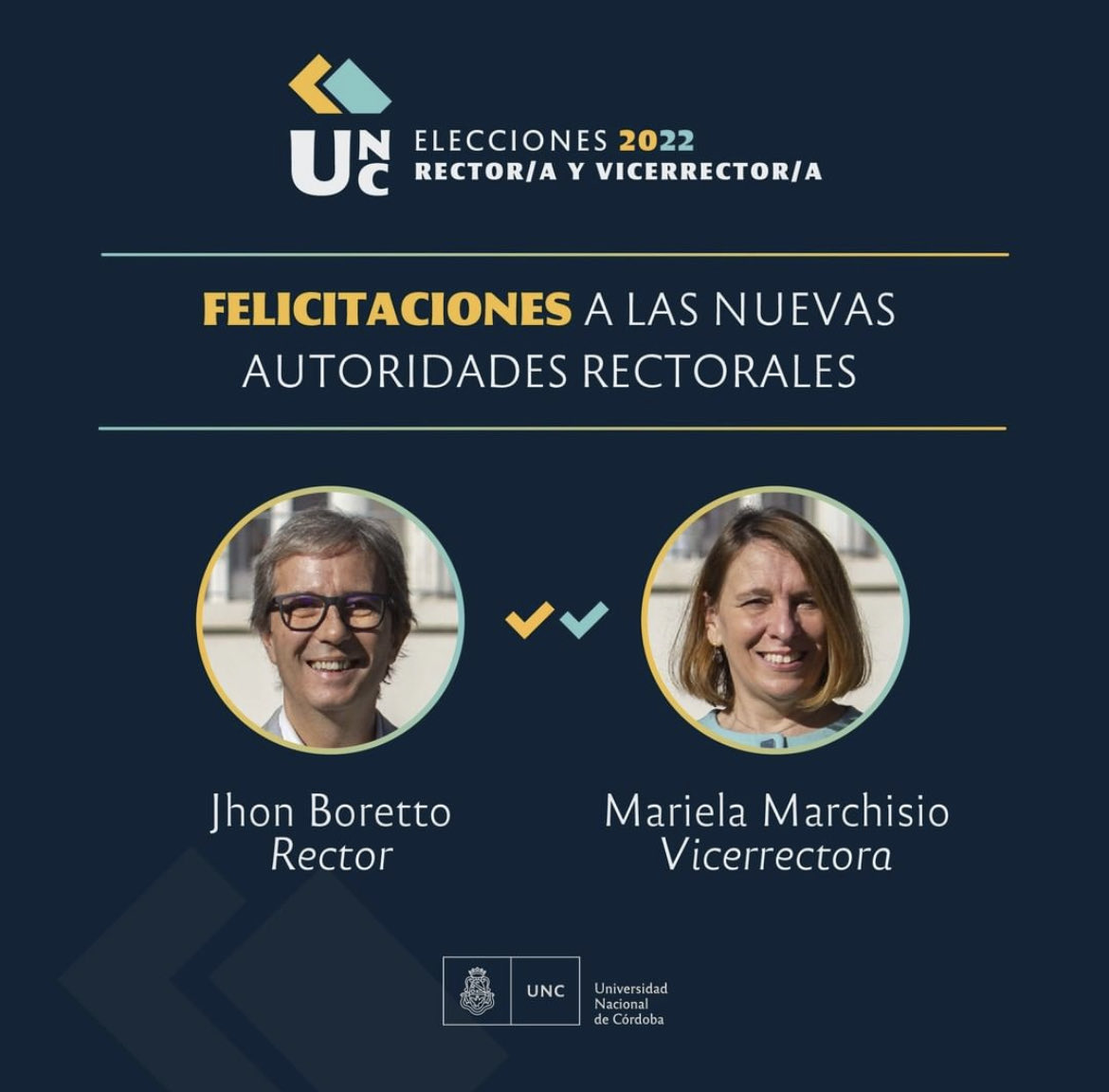 La Facultad está de fiesta. Por primera vez en la historia de la UNC el Rector es de nuestra Casa. Felicitaciones Jhon Boretto y Mariela Marchisio por la excelente elección!