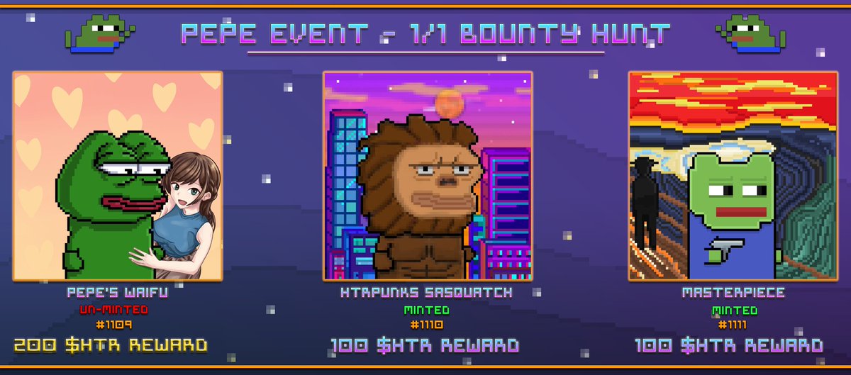 Hola Pepe Familia! 🐸🍹🏝️

Bounties are now being held over the heads of the UNIQUE 1/1 PEPES! Dead or Alive! 🐸☠️💰

Rewards:

Waifu Pepe - 3 Rare Pepes &amp; 250 $HTR
HTRPunks Sasquatch - 1 Rare Pepe &amp; 100 $HTR
Masterpiece - 1 Rare Pepe &amp; 100 $HTR

DM <a href="/MrClean_783/">Mr. Clean 🐸🤙</a> to claim! 🐸💰💎