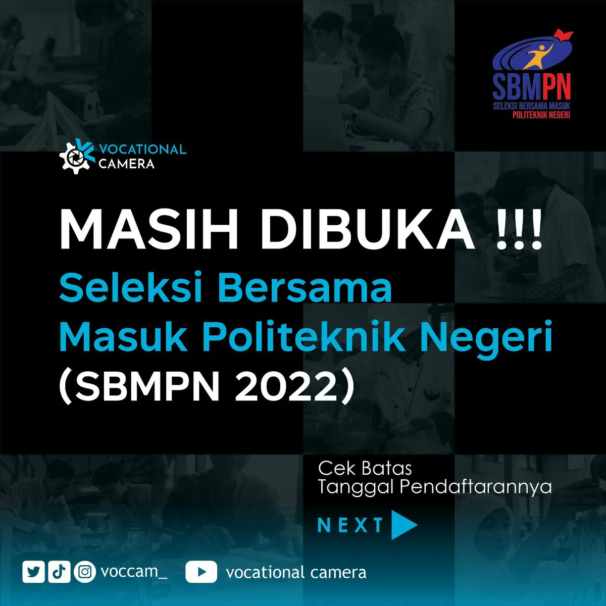 voccam_'s tweet photo. Halo #SobatVokasi
Seleksi Bersama Masuk Politeknik Negeri (SBMPN) 2022 masih dibuka lho,

Buat kalian yang ingin melanjutkan studi ke jenjang diploma 3. Sebelum mendaftar, silahkan cek laman https://t.co/HCp4PwL6Ya atau website resmi politeknik tujuan kalian ya...

Semoga sukses https://t.co/TB7OHKgbaS