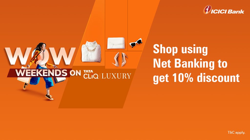 ICICIBank's tweet photo. Avail a 10% instant discount this weekend with the #ICICIBank Tata CLiQ Luxury offer. Use Code: ICICILUXNB
 
More here: https://t.co/lk6KqYirNK https://t.co/Kvcn7WWQu0