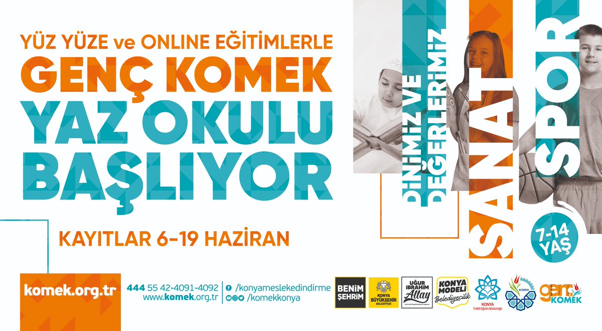 Konya Büyükşehir Belediyesi'nin 7-14 yaş arası binlerce öğrenciye farklı branşlarda ücretsiz olarak eğitim vereceği Genç KOMEK Yaz Okulu ve Genç KOMEK Online Yaz Okulu kayıtları 6 Haziran’da başlıyor.
Kayıtlar 19 Haziran’a kadar komek.org.tr adresi üzerinden alınacak.