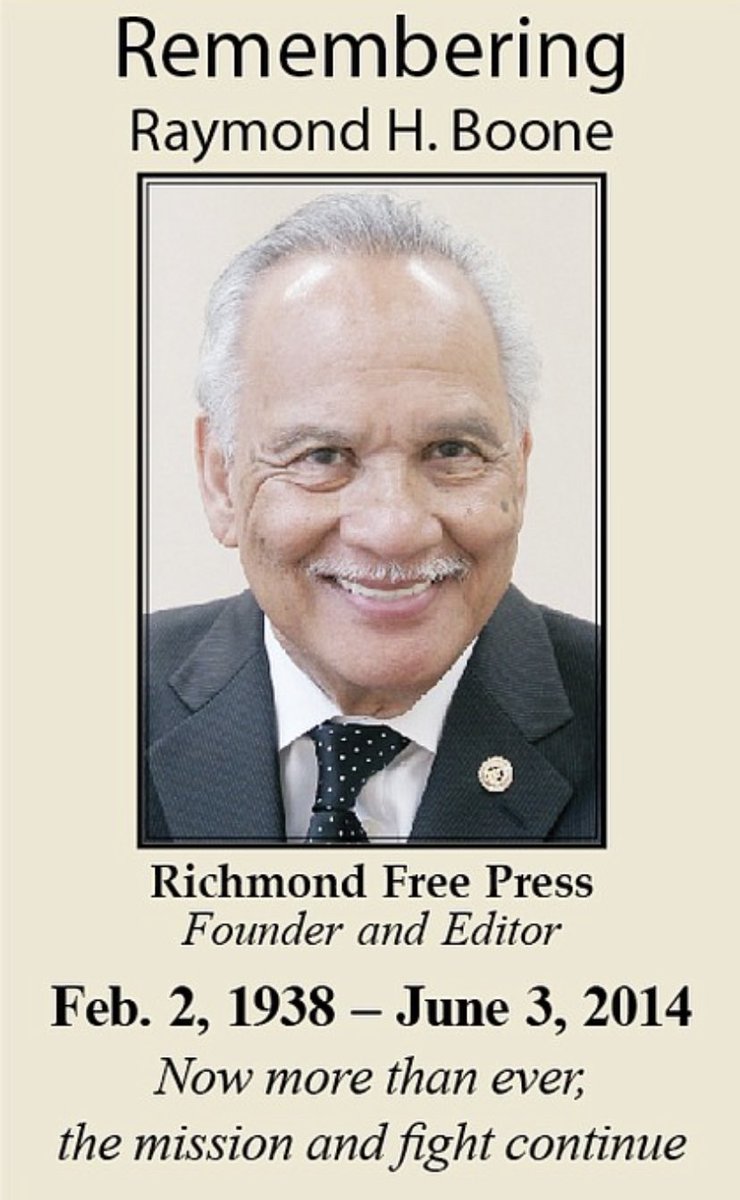 FreePressRVA's tweet photo. Remembering our founder, publisher and editor Raymond H. Boone today and always. https://t.co/gS7KfjcDqC #raymondhboone #richmondfreepress #rva #richmondva #journalism #BlackPress #RFPstrong π€π½π°π€π½ https://t.co/U6JhonEBem