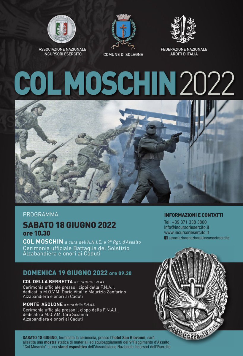 ANIEsercito's tweet image. 104esima commemorazione della Battaglia del Solstizio. Col Moschin 18-19 Giugno 2022
#ColMoschin #9ºReggimentoColMoschin #ANIE #incursoriesercito #Esercito @Esercito @SM_Difesa @MinisteroDifesa