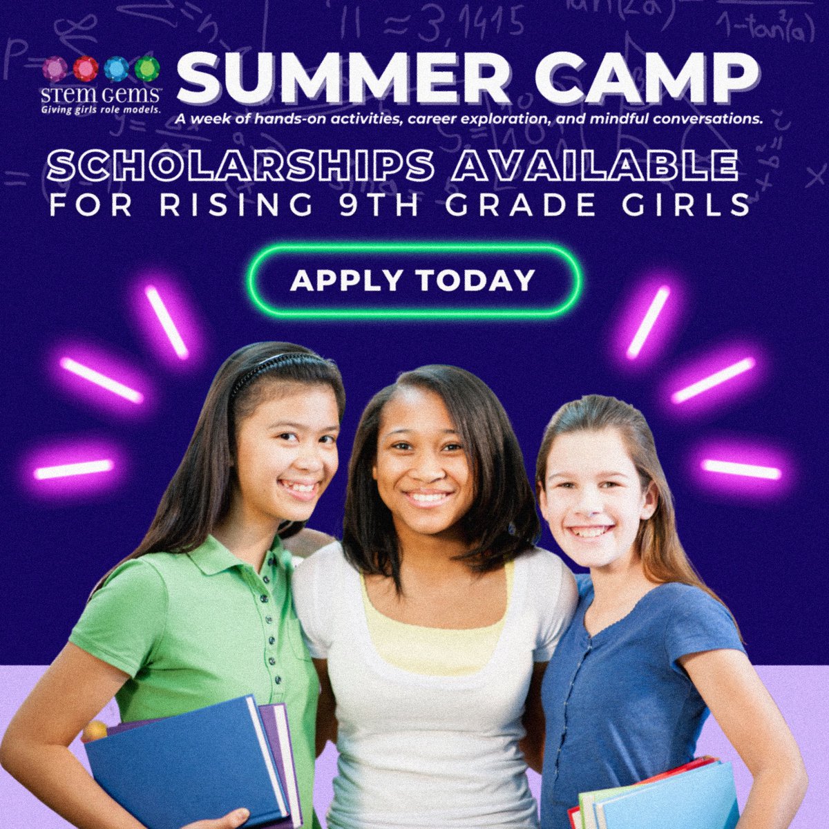#GiveGirlsRoleModels this summer! 👩🏿‍🔬👩🏻‍💻👩🏼‍🔧👩🏽‍🏫

Do you know a girl who is starting 9th grade this fall? Rising 9th grade girls can apply for a spot in this summer’s virtual #STEMGems Summer Camp, this June 27-30th!

Apply here: docs.google.com/forms/d/e/1FAI…

#WomenInSTEM #GirlsInSTEM