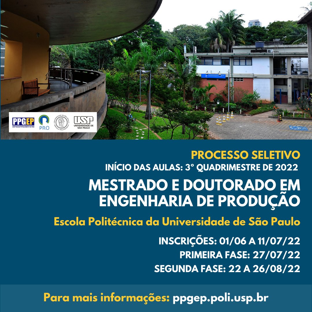 A Poli-USP abre inscrições, entre 01 de junho a 11 de julho de 2022, do processo seletivo para os cursos de Mestrado, Doutorado e Doutorado Direto (stricto sensu) do Programa de Pós-graduação em Engenharia de Produção (PPGEP).

Saiba como participar: 
mla.bs/02be0c84