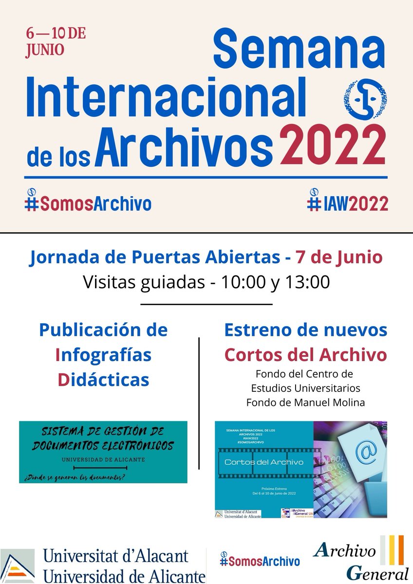 ArchivoUA's tweet photo. 📢Desde el próximo lunes 6 al viernes 10 de Junio celebramos la Semana Internacional de los #Archivos y tenemos algunas actividades preparadas, además de disfrutar de las del resto de compañeros ☺️
@ICArchiv @ICArchivSPO @CAUCrue @arxivers
#IAW2022 #SomosArchivo #Arxivers https://t.co/CpLQMTHKjb