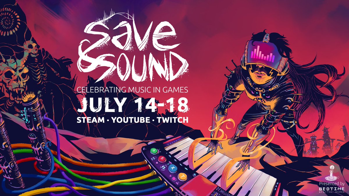 BedtimeDG's tweet photo. SAVE &amp; SOUND has NEW dates, July 14 - 18

The celebration of music in games #SaveAndSound, hosted on Steam is coming to ears &amp; eyes soon 

3 day live show of:
🎶 Concerts &amp; Deep Dives
👀 Sales &amp; demos
🤘 GOOD TIMES

Check out https://t.co/lT7CwH2NOM for all participating games ⚡️ https://t.co/sji3TL9tze