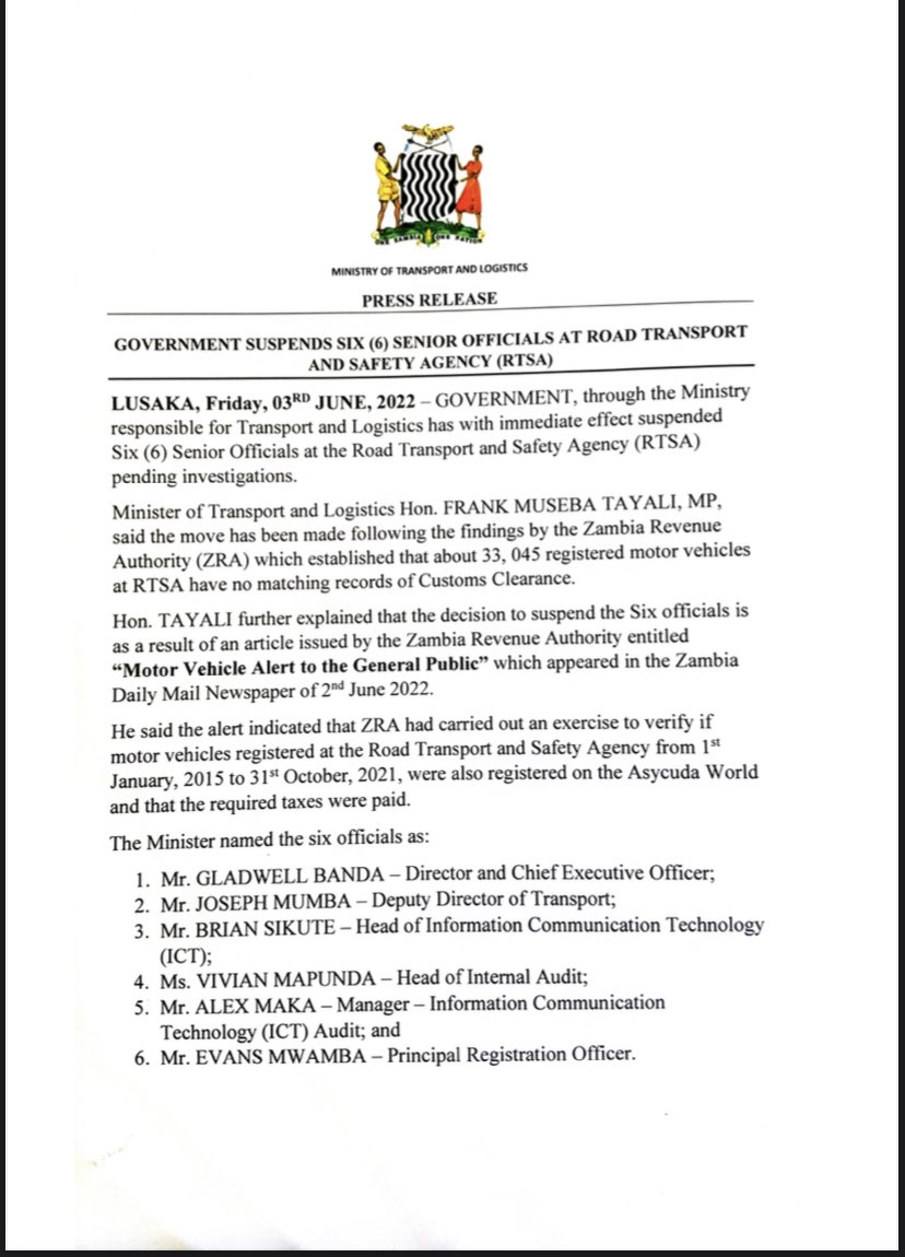 NdawanaY's tweet photo. The 33, 000+ vehicles scandal unearthed by #ZRA leads to suspensions at #RATSA. The #restoration drive continues #Zambia https://t.co/V12XxLb7cQ