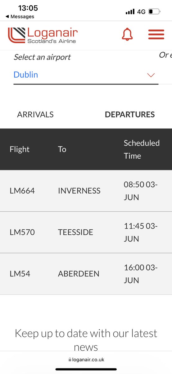 A_BSmith's tweet photo. @FlyLoganair @DublinAirport hi guys, had a message my 4pm flight DUB-ABZ is delayed but showing as on time on website. Let me know please. Thanks for the help https://t.co/JWEckx6LkB