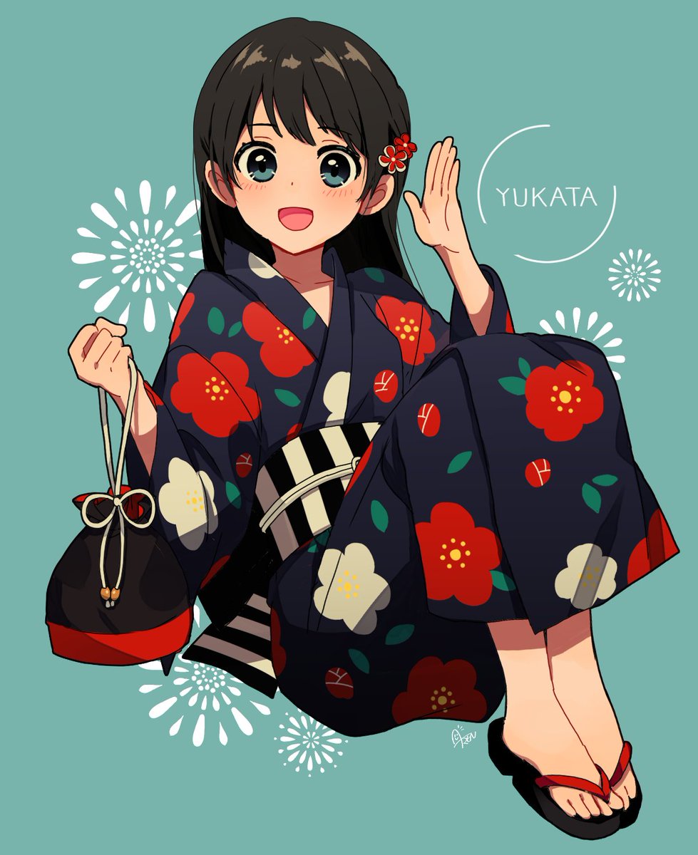 1girl solo japanese clothes kimono long hair black hair smile  illustration images