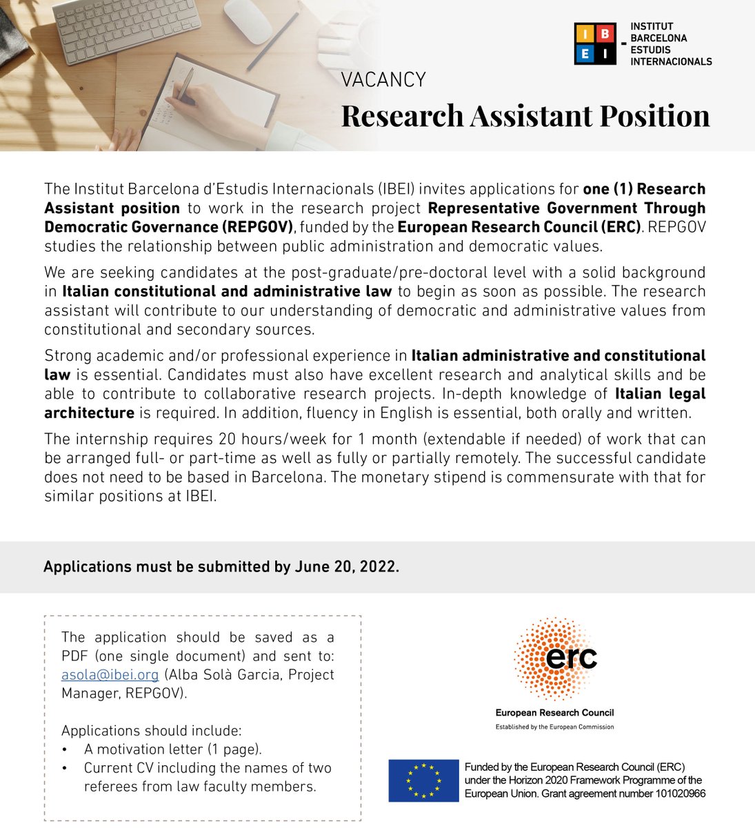 📣WE ARE HIRING! 
The REPGOV project, funded by <a href="/ERC_Research/">European Research Council (ERC)</a>, is looking for a Research Assistant with a solid background in Italian constitutional and administrative law.

📥Applications must be submitted by 20 June 2022. 

More info here👉ibei.org/es/vacancy-res…