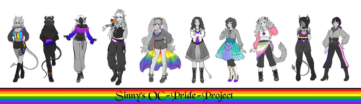 SinnyTheUnicorn's tweet photo. For pride month I tried to draw my OCs with their pride colors. None of them is… not queer. 🌈 I love them all so much. 💜 
Left to right: Void, Riél, Lelyani, Veryan, Cala, Bryaella, Alanna, Alyson, Amberly, Ivaery. https://t.co/LNmt9Z48G0