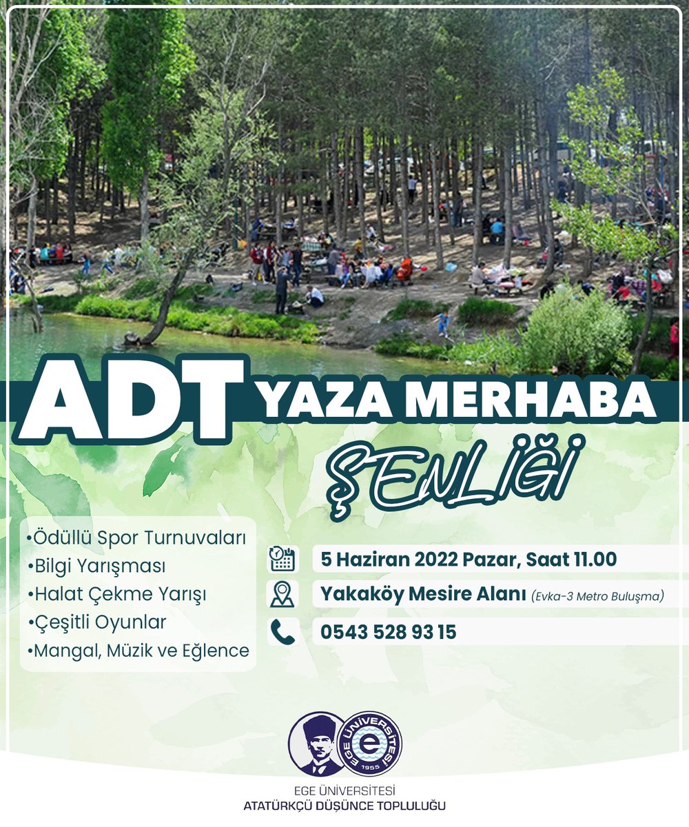 ADT ile "Yaza Merhaba" diyoruz!

Atatürkçü Düşünce Topluluğu olarak döneme beraber veda ediyor,  yaklaşan sınavların stresini beraber atıyoruz. 

Bu şenlik gününe sen de gel, beraber eğlenelim beraber öğrenelim! 

🗓️ 5 Haziran Pazar
🕒 11.00
📌 Evka-3 Metro önünde buluşma