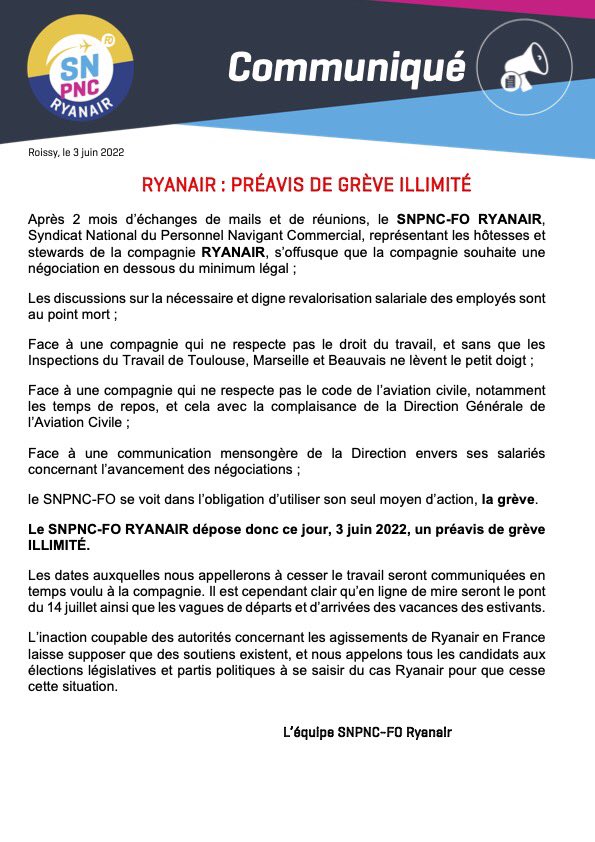 RYANAIR : Préavis de GRÈVE ILLIMITÉ ✊#greve #strike <a href="/Ryanair/">Ryanair</a>