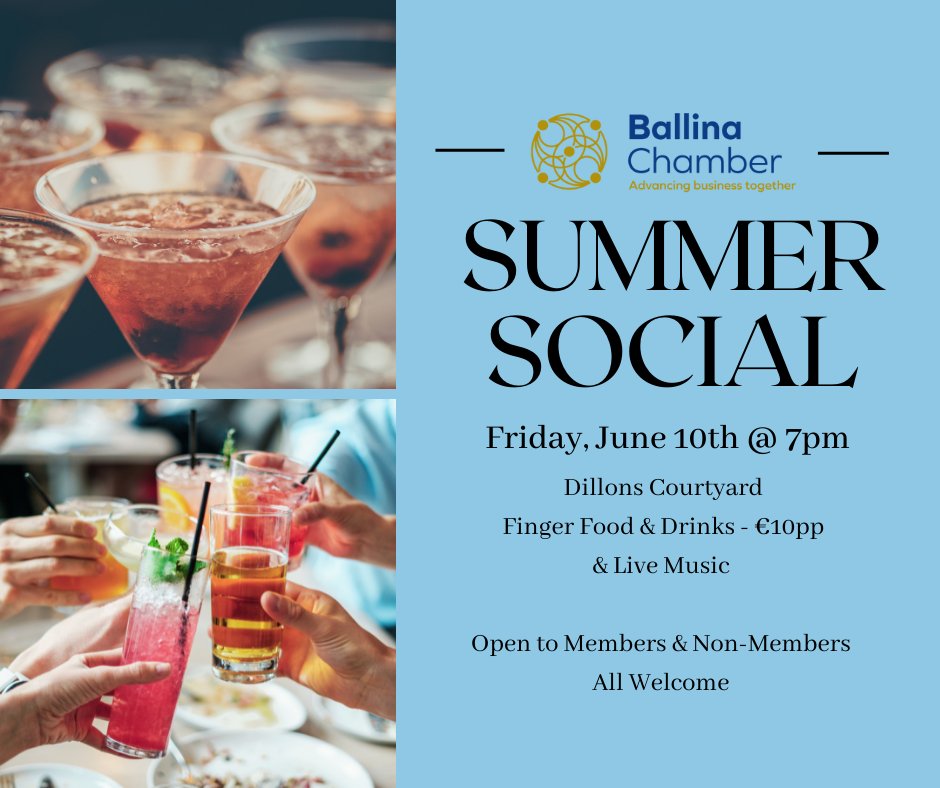 Ballina Chamber Summer Social, June 10th @ 7pm.
Join us in the beautiful surroundings of Dillons Courtyard, Friday evening for an after work get-together.
Open to members &amp; non-members.
Finger food, drinks, and live music in the courtyard.
#networking #music #summersocial