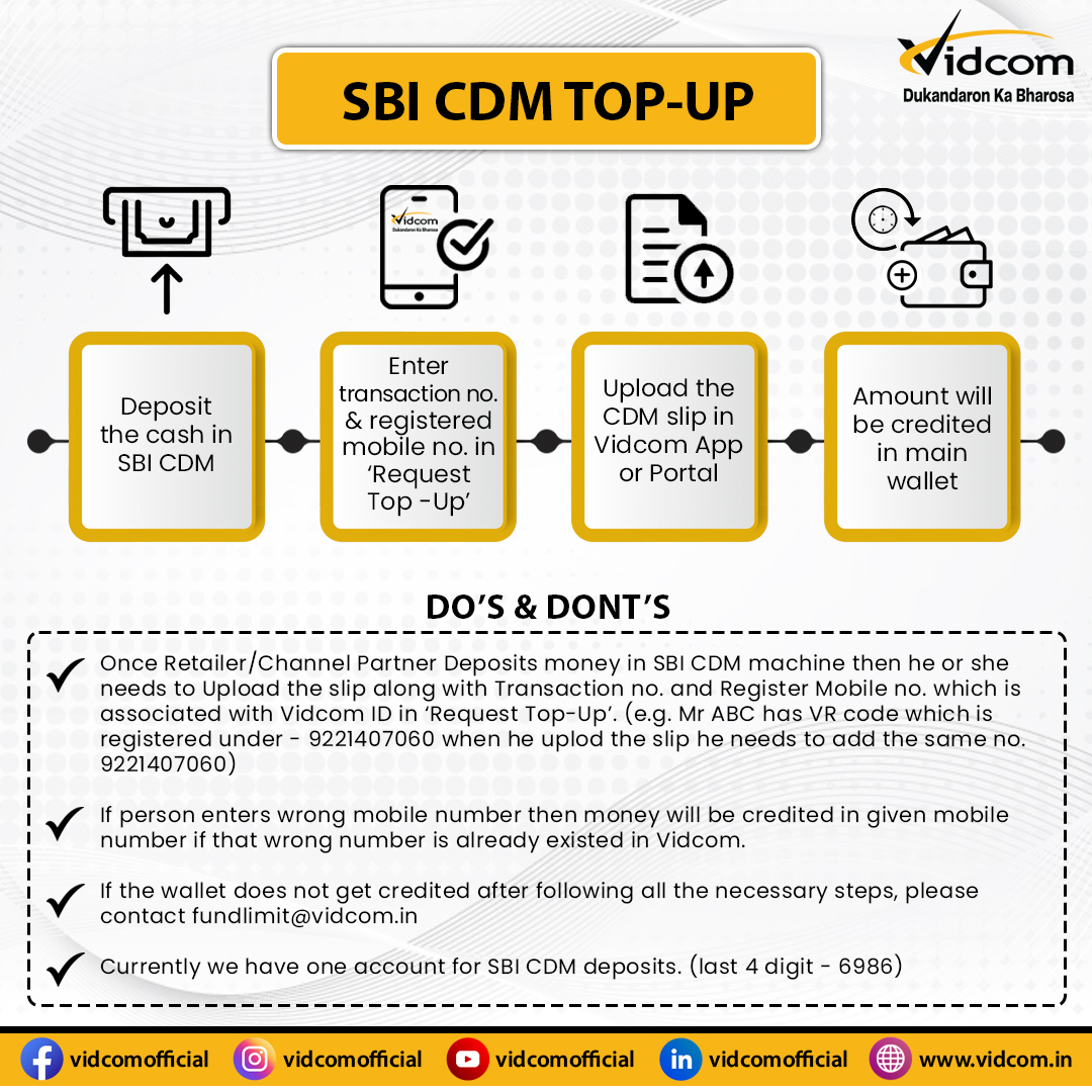 VidcomS's tweet photo. Dear Partners,
We are happy to announce the new CDM Top-Up Service with ICICI and SBI bank. Now you can make your life easier with CDM Top-Up Service, no need to stand in a long queue for the cash deposit as it is available at your fingertips.
.
#Vidcom #cdmmachine #SBI #ICICI https://t.co/kZNZLbkyoD