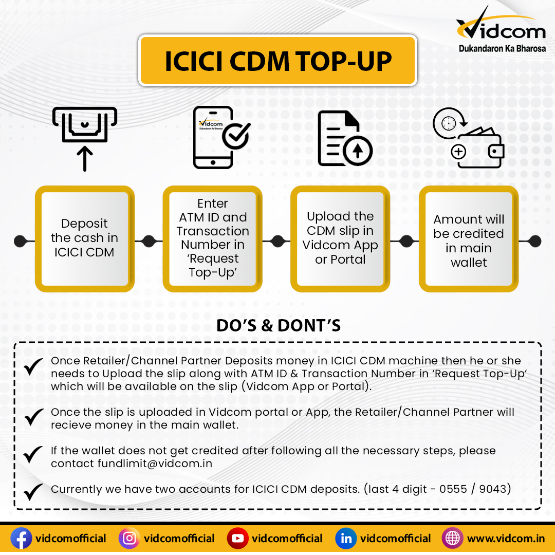 VidcomS's tweet photo. Dear Partners,
We are happy to announce the new CDM Top-Up Service with ICICI and SBI bank. Now you can make your life easier with CDM Top-Up Service, no need to stand in a long queue for the cash deposit as it is available at your fingertips.
.
#Vidcom #cdmmachine #SBI #ICICI https://t.co/kZNZLbkyoD