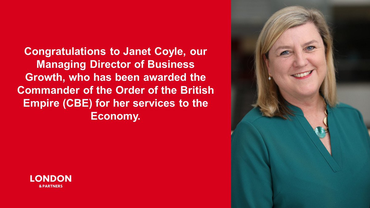 We are delighted to share that @janetcoyle2, MD Business Growth at @londonpartners has been awarded a CBE on the Queen's Birthday Honours List. Thank you for all your work championing the UK's business ecosystem! 🚀