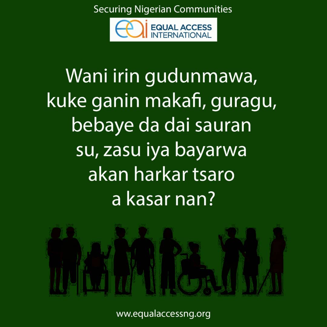 EAI_Nigeria's tweet photo. Wane irin gudunmawa kuke ganin makafi, guragu, bebaye, da dai sauran us zasu iya bayarwa akan harkar tsaro a kasar mu?
#securingnigeriancommunities
#peace4arewa
#securenorth
#farartattabara
#equalaccessintl https://t.co/7Ic6wAhhhU