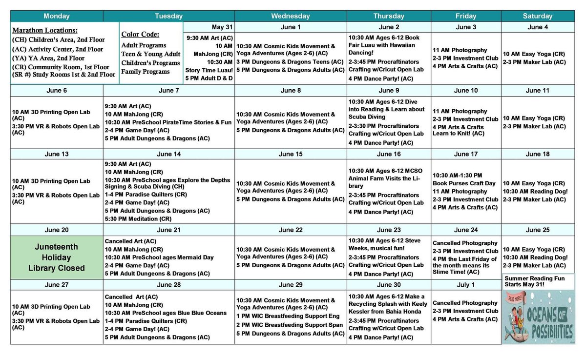 Summer is here and here is the calendar for June.
Download the PDF: adobe.ly/3ap9Id4
or come in and get your copy