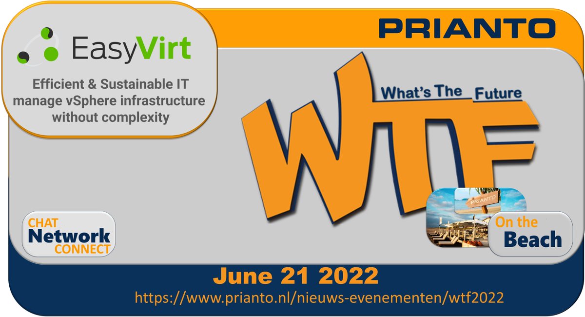 PriantoNL's tweet image. Het is nog nooit zo eenvoudig, snel en intuïtief geweest om de efficiëntie te verbeteren, de kosten te verlagen en CO2 uitstoot te verminderen van uw VMware infrastructuur.  Check het met #EasyVirt op het WTF Chat-Network-Connect evenement op 21 juni! !prianto.com/nl/nieuws-even…