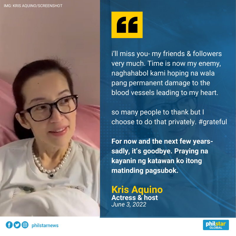 PhilstarNews's tweet photo. ‘FOR NOW AND THE NEXT FEW YEARS- SADLY, IT’S GOODBYE.’

This is what "Queen of Talk" Kris Aquino said to her followers in an Instagram post on Friday.

“Praying na kayanin ng katawan ko itong matinding pagsubok,” she said. 

RELATED: https://t.co/OnMG6UrWcm https://t.co/o9uHP8L3WT