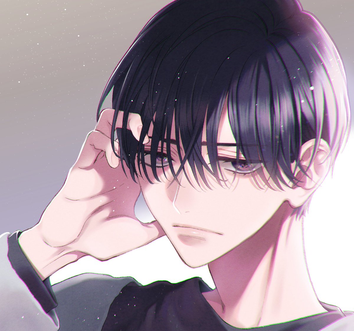 1boy male focus solo black hair looking at viewer short hair long sleeves  illustration images