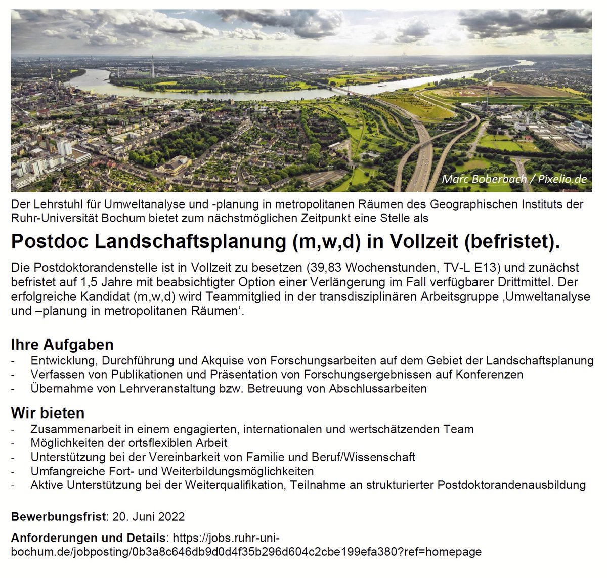 📣Stellenangebot: PostdoktorandIn (m,w,d) #Landschaftsplanung

Mögliche Themen: Landschaftsplanung &amp; Biodiversität, Ökosystemleistungen, Klimaresilienz, Energiewende, Fernerkundung, Modellierung &amp; Simulation

Wir freuen uns auf Ihre Bewerbung bis 20.6.!

👉jobs.ruhr-uni-bochum.de/jobposting/0b3…