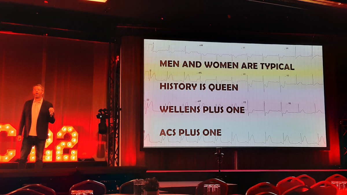Excellent talk on #DEMC22 from <a href="/davidcarr333/">David Carr</a> about STEMI-isch ECG's, pulmonary embolism, MINOCA and SCAD. We don't treat ECG's, history is queen!