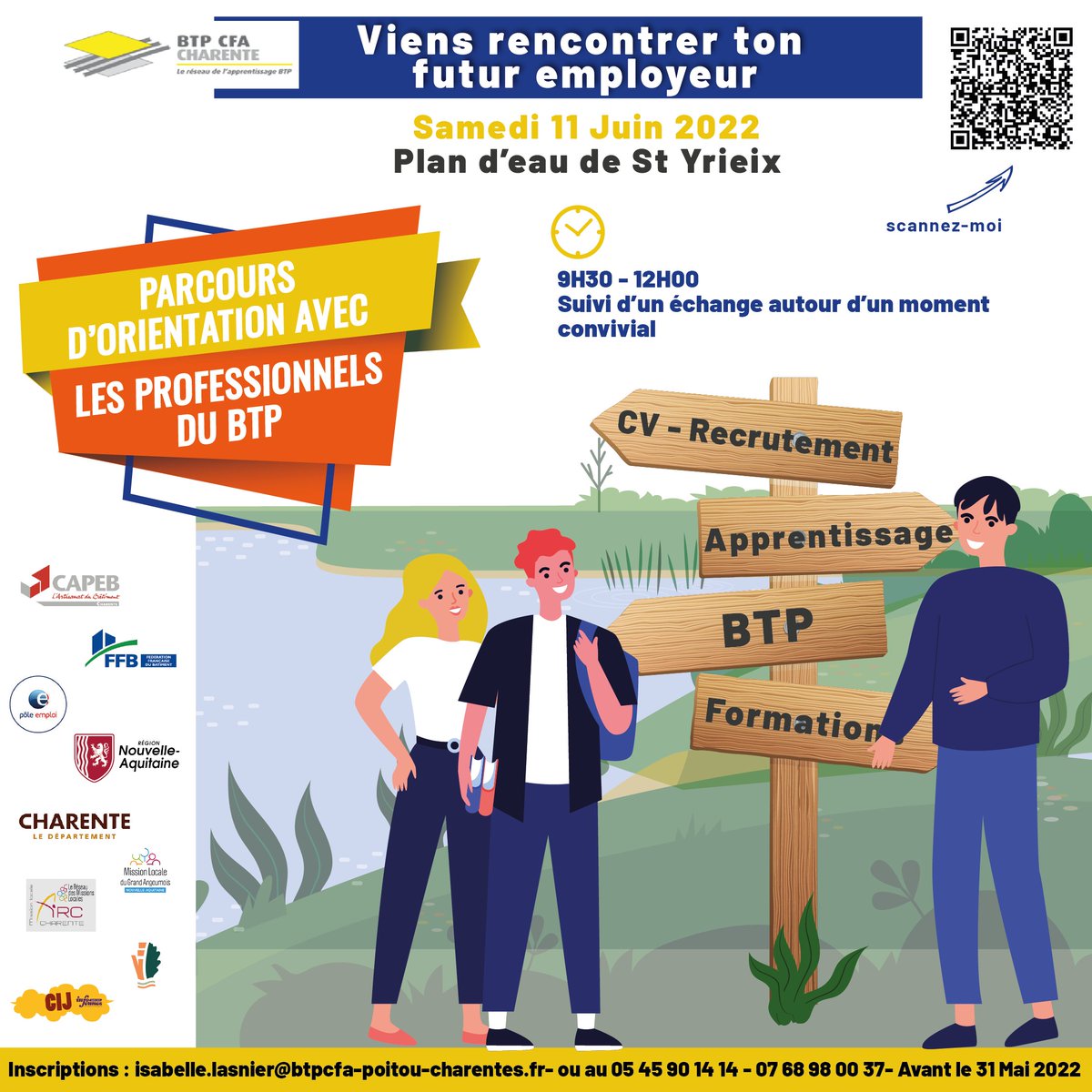 [JOB DATING]  #BTP CFA Charente organise un parcours d'orientation avec les #professionnels du BTP : 
📆le 11 juin 2022
📍au Plan d'eau de St Yrieix (16)
Futur(e) #apprenti(e), cette journée te permettra de rencontrer des entreprises du BTP et de trouver ton futur employeur ! 😉