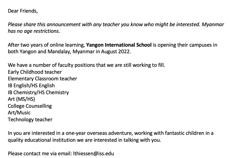 Mrs_Gilchrist's tweet photo. JOB OPPORTUNITY IN MYANMAR

If you are looking for a new role in the year ahead, this is a great opportunity.

The incredible @Seco_Medina is joining YIS as the incoming K-10 Principal, and I can tell you that she is extraordinary! 💖💖

Spread the word! https://t.co/6CVfKVHAHD