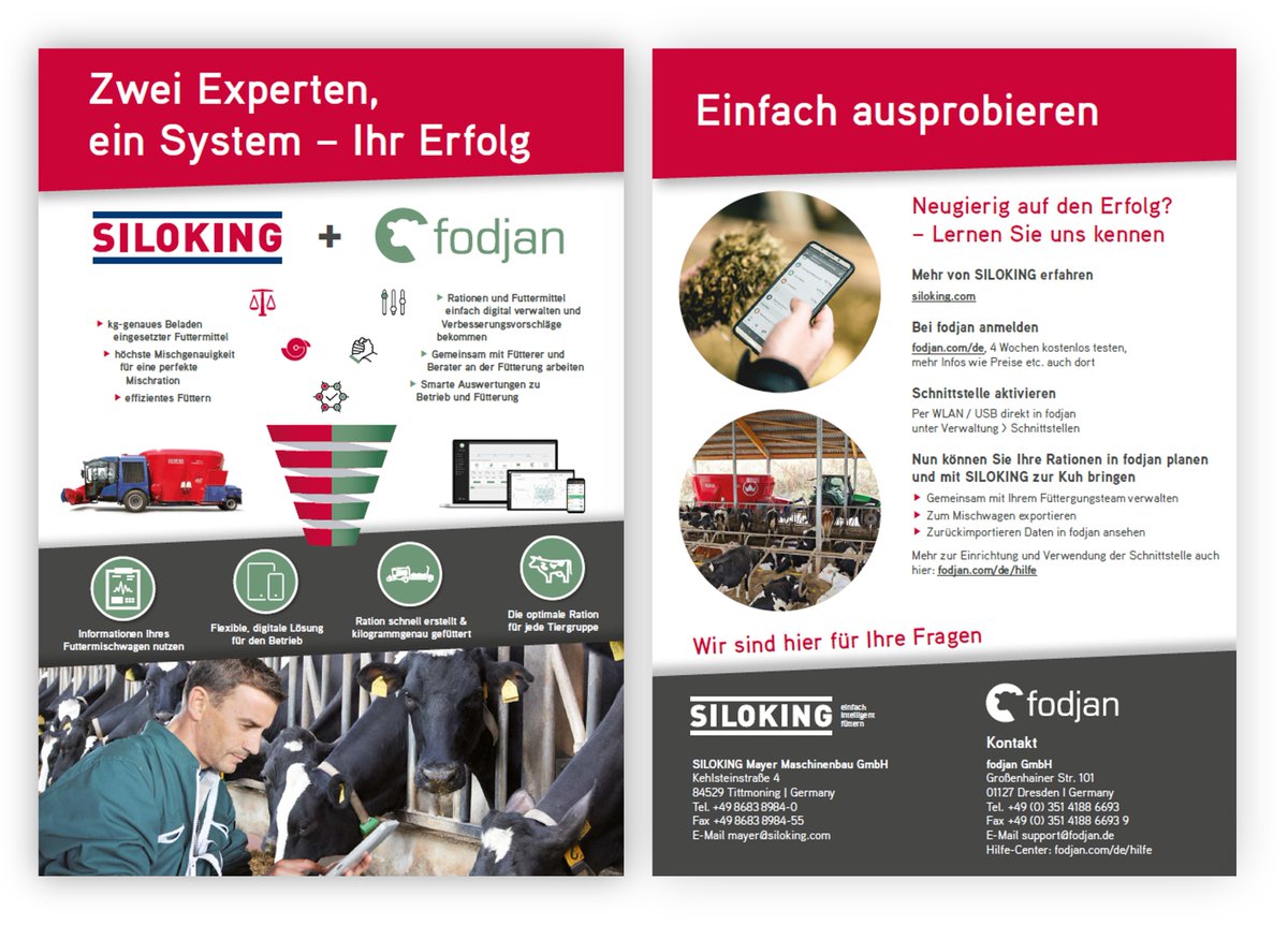 Heute feiern wir unseren neuen gemeinsamen Flyer von <a href="/SILOKINGcom/">SILOKING</a> und fodjan - einer Futtermischtechnikschnittstelle, die wir schon eine Weile lang gemeinsam bereitstellen 🤝 Hier seht ihr, was ihr alles mit uns anstellen könnt: bit.ly/3aFj4BJ
