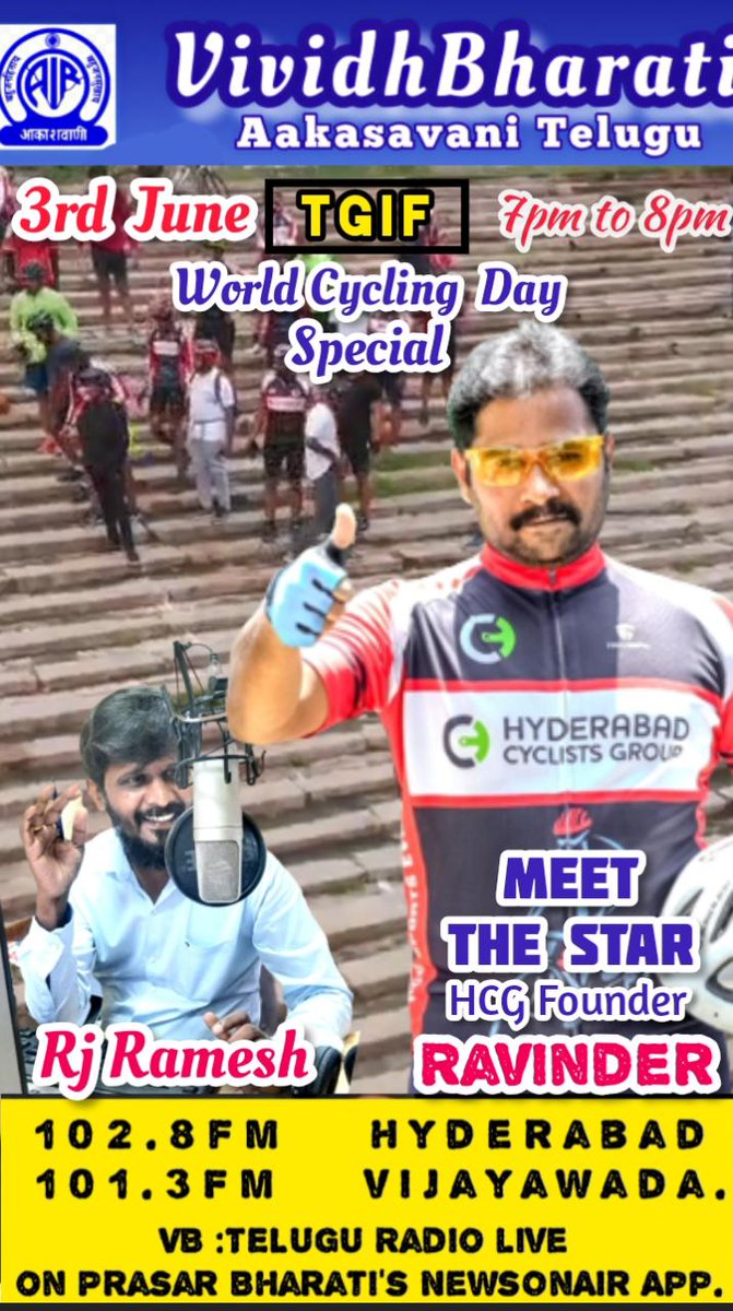 airvbhyd's tweet photo. World Bicycle day special TGIF 
@hcggroup2 founder @ravindernandan1 on Meet the star 
Catch us live with Rj SurabhiRamesh 7 to 8 PM https://t.co/PRcDBMWCqQ