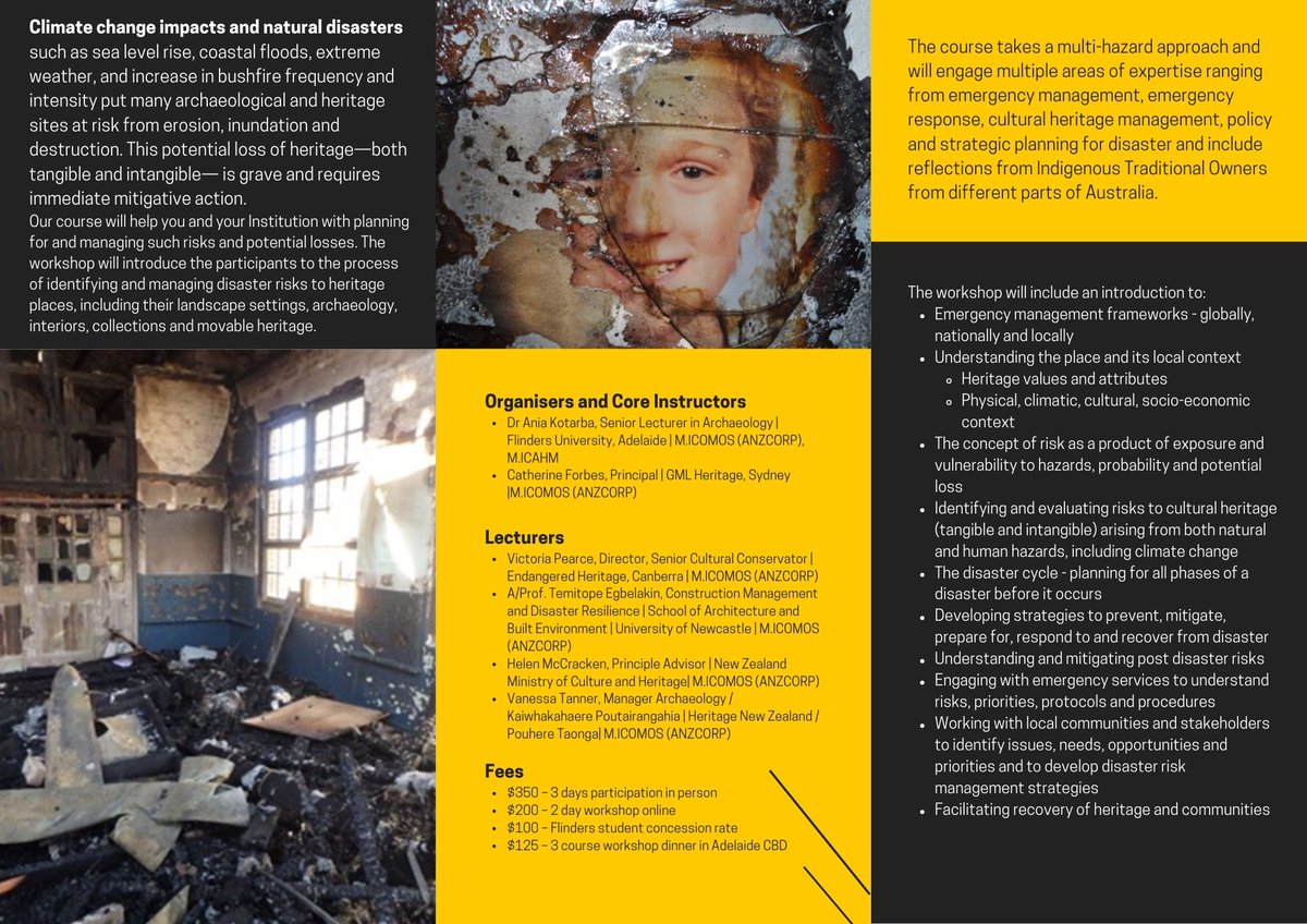 FlindersClimate's tweet photo. This short course @Drm4Heritage run by @DrAniaKotarba @FLINArchaeology with other @AustICOMOS experts will be of interest to those working in #heritage #culturalheritage #heritageatrisk #archaeology #museums #galleries #disasterrecovery #DisasterManagement #riskmanagement https://t.co/gYgSHIX2ex