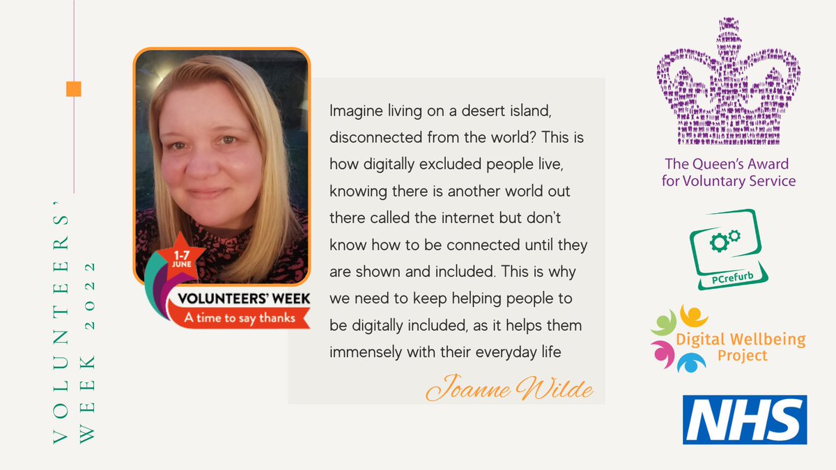Making a difference in someone's life – why I volunteer
“Feeling more positive and happier every day, so this benefits me just as much as the people I'm helping.” Read her story in full facebook.com/digitalwellbei…   
#VolunteersWeek #FixTheDigitalDivide #volunteer #Tameside #Glossop