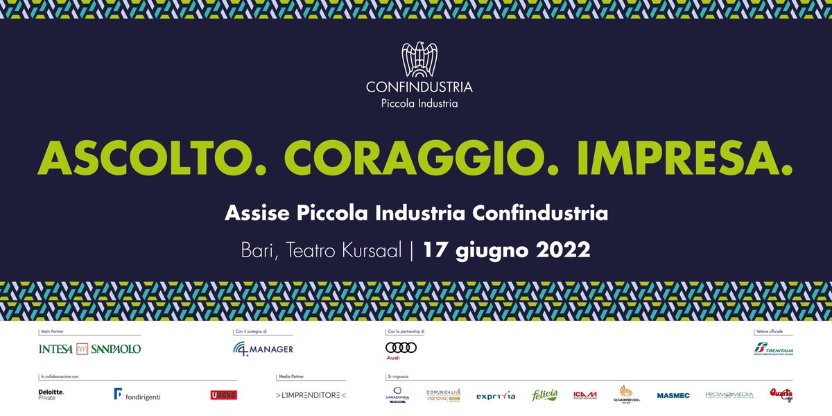 📌Save the date #17giugno.
|Assise Piccola Industria|

Ascolto,coraggio, identità, condivisione, confronto e progettualità.
In una parola : #impresa. 
Questi gli obiettivi delle Assise <a href="/PIConfindustria/">Piccola Industria Confindustria</a> del 17 giugno a #Bari.

#AssisePI22