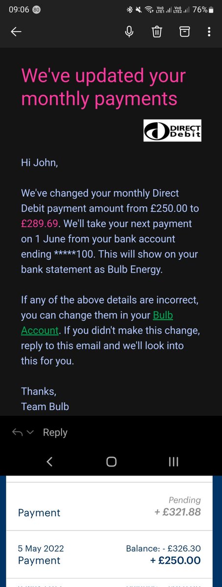 JdmediaTv's tweet photo. @BulbUK absloute crooks, tried inflating my DD way up back in May, reduced it back down to a sensible level and they have ignored it and just taken the additional money anyway. Bulb blatantly overinflating DD payments to increase cash flow  @MoneySavingExp @ofgem https://t.co/ypKCUF78Vv