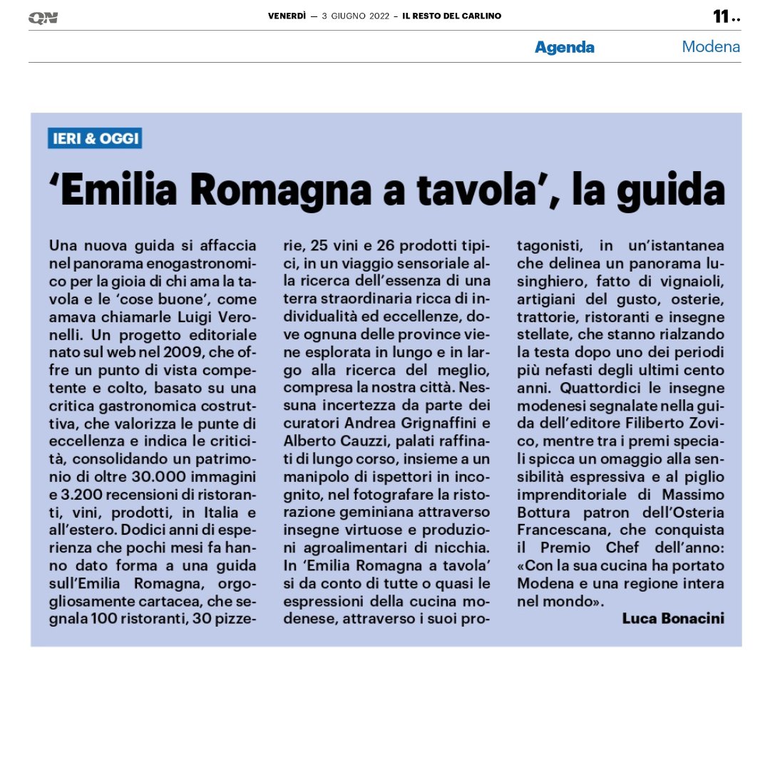 ❝ In ‘Emilia Romagna a tavola’ si da conto di tutte o quasi le espressioni della cucina modenese, attraverso i suoi protagonisti [...] ❞

📰 Oggi Il Resto del Carlino parla della guida curata da <a href="/andreagrignaff1/">andrea grignaffini</a> e <a href="/CauzziAlberto/">alberto cauzzi</a> 

🍽️ Scopri di più su emiliaromagnaatavola.it