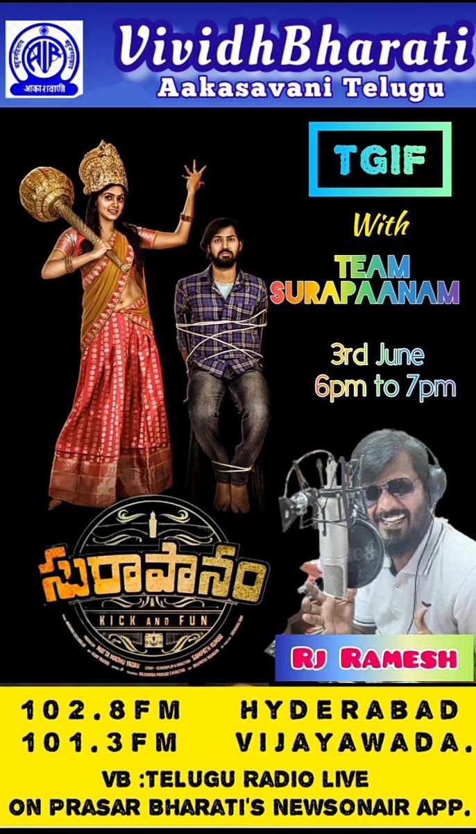 airvbhyd's tweet photo. Team Surapaanam on TGIF this Friday ; 3rd June 6 to 7 PM 
Stay tuned to meet the film Crew along with RJ Ramesh https://t.co/d1yHzh0xDg