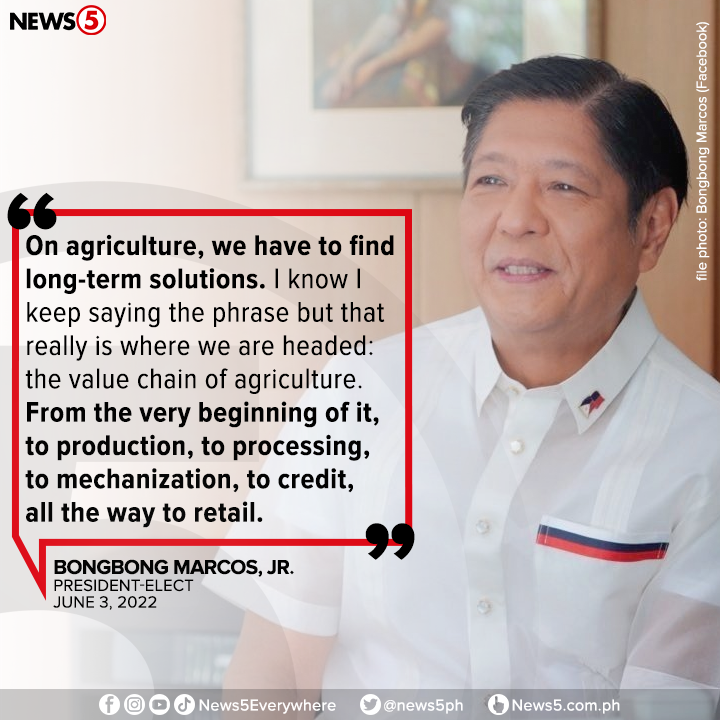 News5PH's tweet photo. Naniniwala si president-elect Bongbong Marcos, Jr. na kaya pang mas mapalago at mapabuti ang kalagayan ng agrikultura sa bansa.

Aniya, ang masaganang produksyon at murang pagkain ang isa sa mga hangad nilang maisakatuparan sa mga susunod na taon. https://t.co/Ac2Re3zOQB