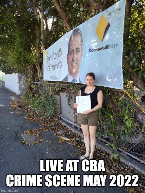 DrLorettaMcK's tweet photo. A Brisbane local commented that the signs outside my house seem to get more + more angry over time. That's what tends to happen when @CommBank cost you your home, livelihood, and sanity then trample you instead of helping. #FixitCBA #HowManyLorettas #CruelestBankinAustralia https://t.co/MwfSjwBGML